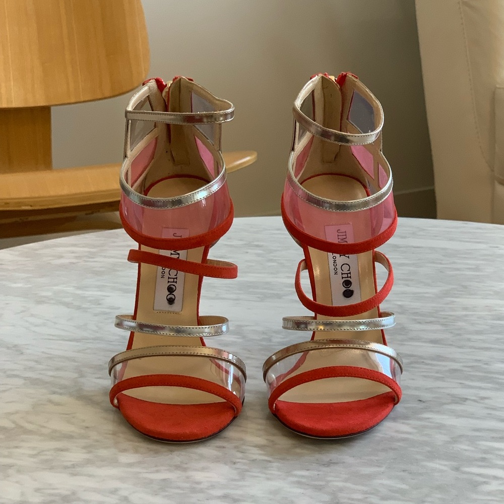 Jimmy Choo Red and Silver Strappy High Heels